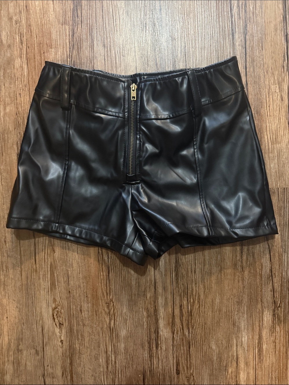 SHEIN Black High Waist Faux Leather Zip-Front Shorts